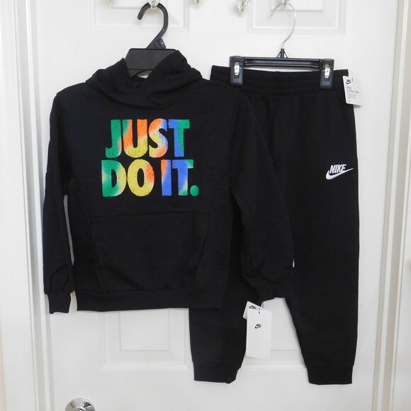 NWT 2pc Nike Black Colorful Just Do It Logo Hooded Sweatshirt & Joggers Set sz 6 - Picture 1 of 1